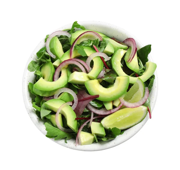 Délicieuse Salade Avec Avocat Sur Fond Blanc Vue Sur Dessus — Photo
