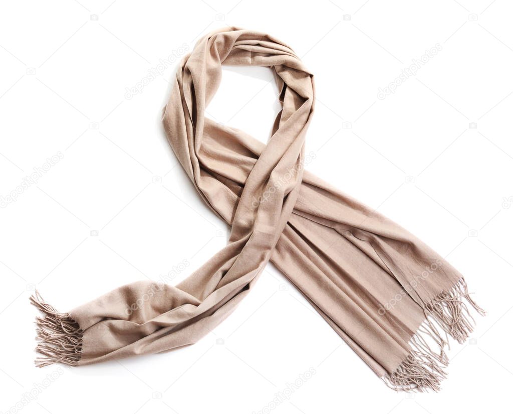 Stylish scarf on white background, top view