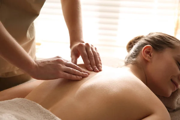 Young Woman Receiving Back Massage Spa Salon Closeup — Stock Photo, Image