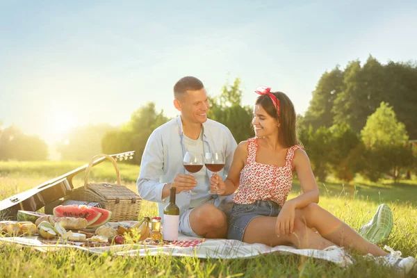 Gelukkig Koppel Picknicken Park Zonnige Dag — Stockfoto