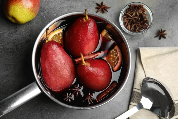 Poaching Pears Mulled Wine Grey Table Flat Lay — Stock Photo, Image