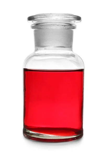 Beyaz Üzerine Kırmızı Sıvı Izole Edilmiş Cam Eczacı Şişesi Laboratuvar — Stok fotoğraf