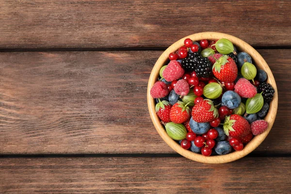 Mix Ripe Berries Wooden Table Top View Space Text — Stock Photo, Image