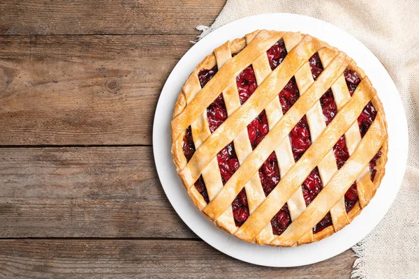 Delicious Fresh Cherry Pie Wooden Table Top View Space Text — Stock Photo, Image