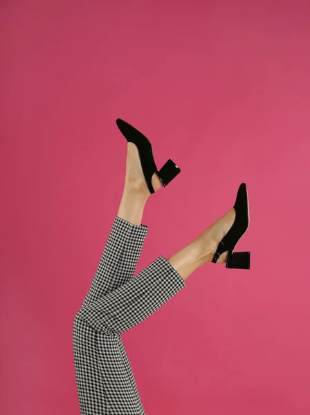 Woman Wearing Stylish Shoes Pink Background Closeup — Stock Photo, Image