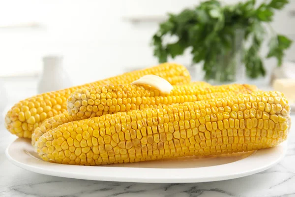 Fresh Grilled Corn Cobs Butter White Marble Table Closeup — Stock Photo, Image