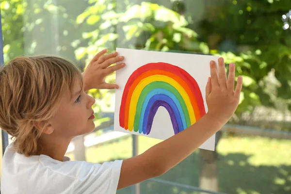 Little Boy Holding Rainbow Painting Window Stay Home Concept — Stock Photo, Image