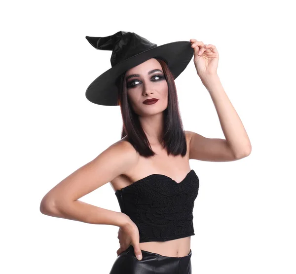Mysterious Witch Wearing Hat White Background — Stock Photo, Image