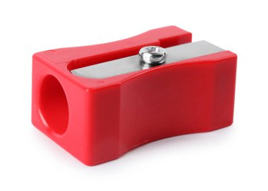 Bright red pencil sharpener isolated on white. School stationery clipart