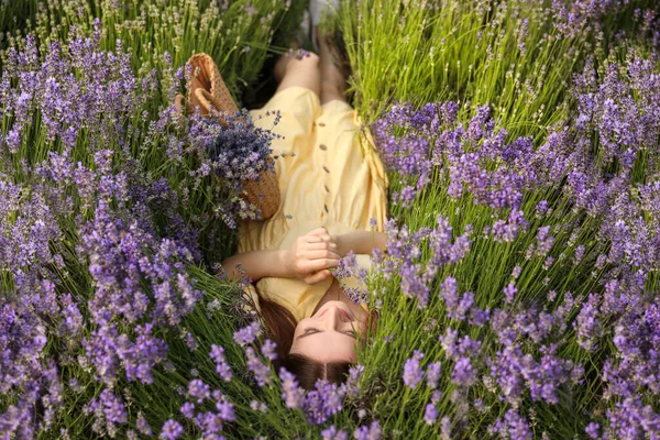 夏日躺在薰衣草地里的年轻女子 — 图库照片