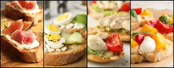 Collage Diverse Gustose Bruschette Design Banner — Foto Stock