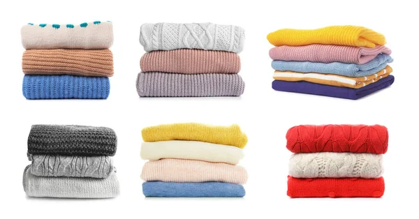 Conjunto Suéteres Plegados Apilados Sobre Fondo Blanco Diseño Banner —  Fotos de Stock