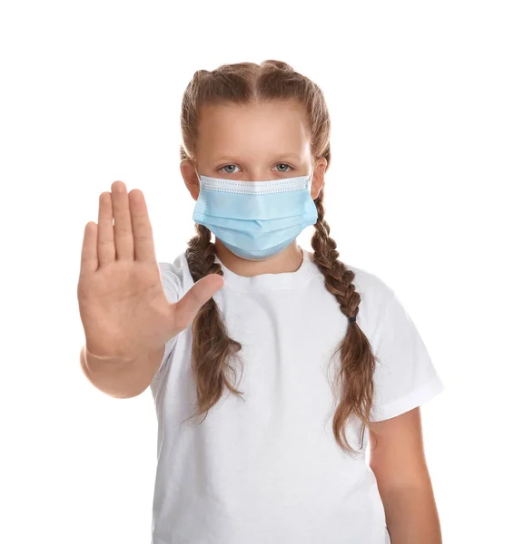 Little Girl Protective Mask Showing Stop Gesture White Background Prevent — Stock Photo, Image