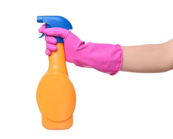 Mulher Segurando Frasco Spray Com Detergente Fundo Branco Close — Fotografia de Stock