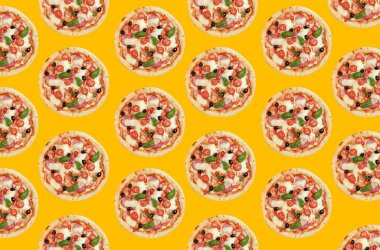 Sarı zemin üzerinde et pizza deseni tasarımı
