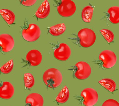 Soluk yeşil arka planda taze domatesler. Desen tasarımı 