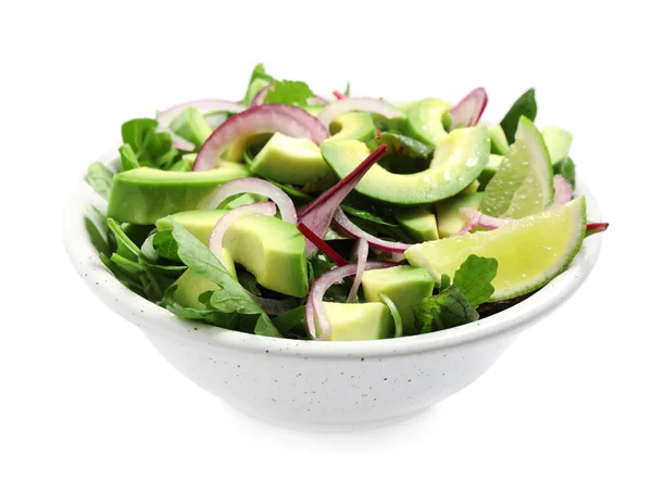 Délicieuse Salade Avocat Dans Bol Sur Fond Blanc — Photo