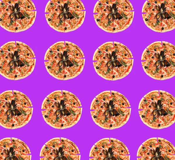 Seafood pizza pattern design on violet background