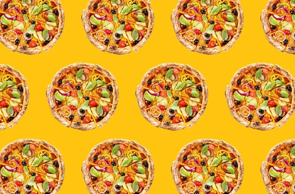 Sarı Arka Planda Sebze Pizza Deseni Tasarımı — Stok fotoğraf