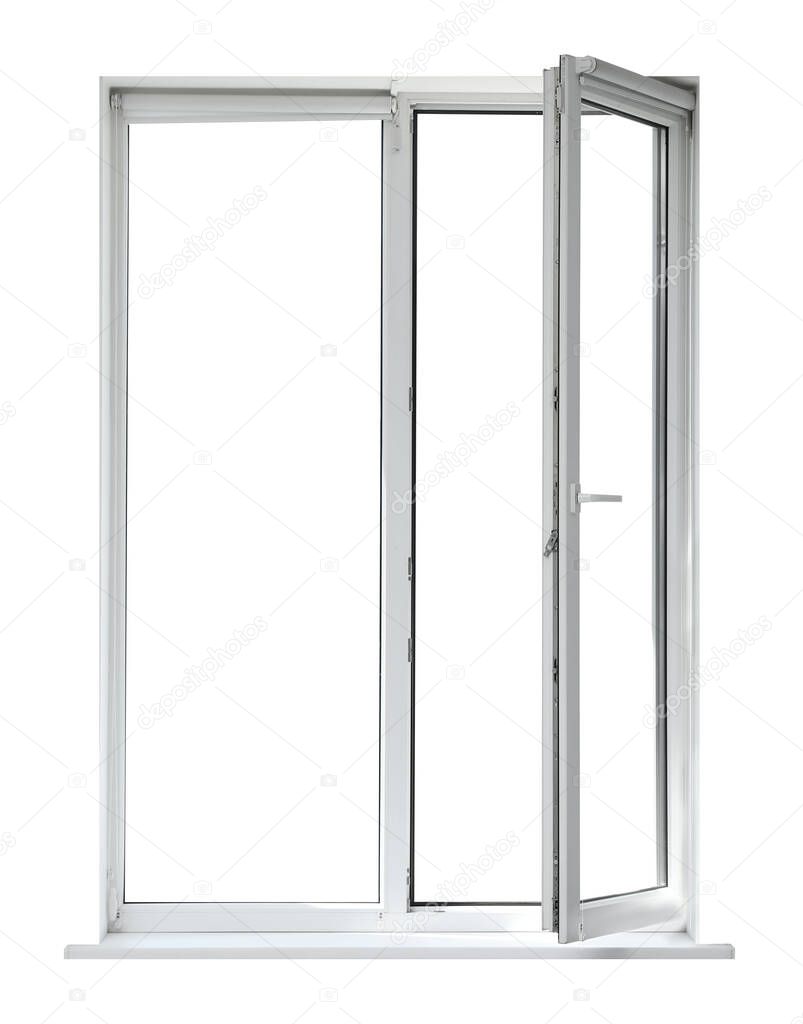 Modern open plastic window on white background