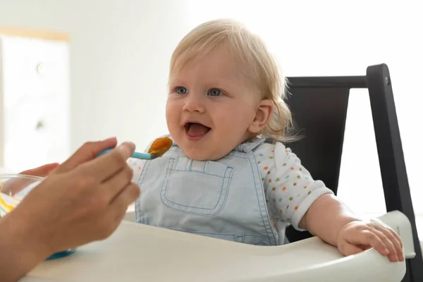 母親給餌彼女のかわいいです赤ちゃんとともに健康食品に家 — ストック写真