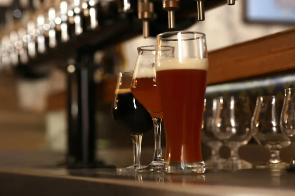 Different Beers Glasses Bar Counter — Stock Photo, Image