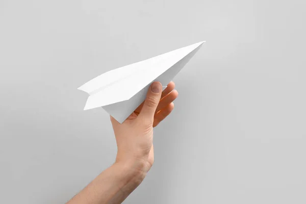 Woman Holding Paper Plane White Background Closeup — Stock Photo, Image