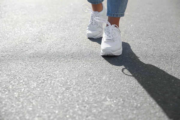 Woman Walking Outdoors Closeup Space Text Choosing Way Concept — Stock Photo, Image