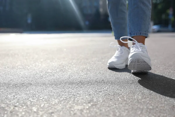 Woman Walking Outdoors Closeup Space Text Choosing Way Concept — Stock Photo, Image