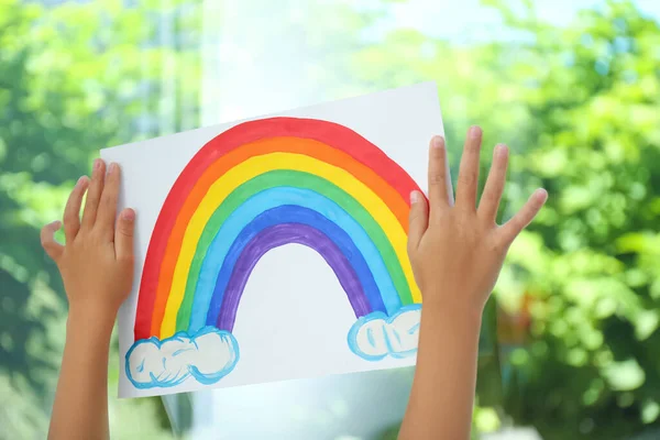 Little Girl Picture Rainbow Window Closeup Stay Home Concept — Stock Photo, Image