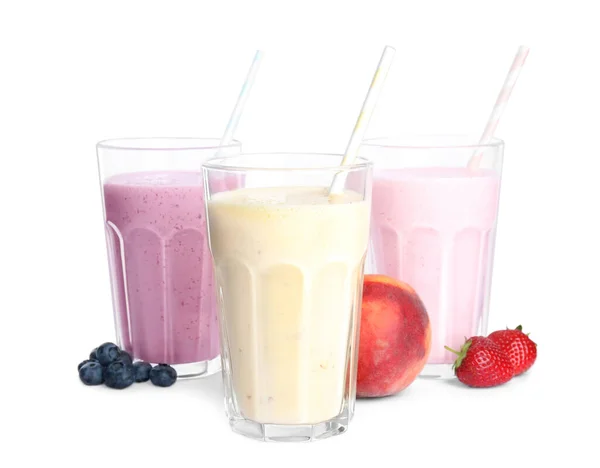 Different Tasty Milk Shakes Fruits Isolated White — Stock Photo, Image