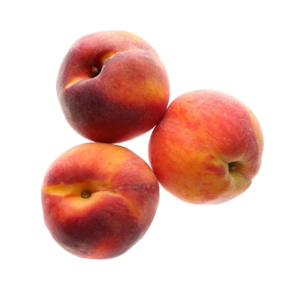 Köstliche Reife Saftige Pfirsiche Isoliert Auf Weißen Draufsicht — Stockfoto