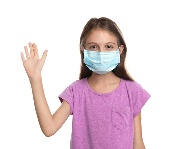 Little Girl Protective Mask Showing Hello Gesture White Background Keeping — Stock Photo, Image