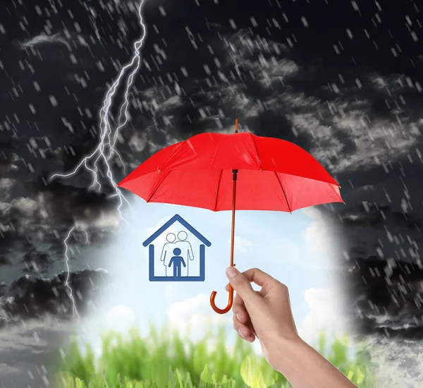 Insurance Agent Covering Illustration Red Umbrella Thunderstorm Closeup — Stock Photo, Image