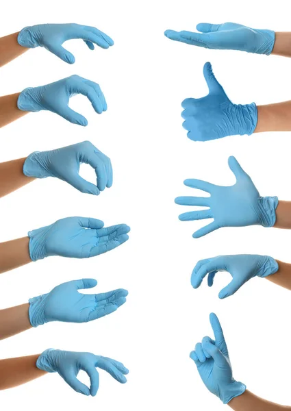 Proteja Mãos Use Luvas Borracha Fotos Colagem Sobre Fundo Branco — Fotografia de Stock