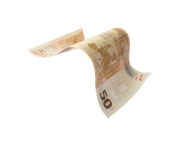 Beyaz arka planda uçuşan 50 Euro banknot