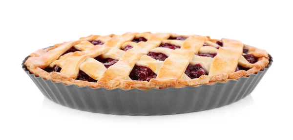 Délicieuse Tarte Aux Cerises Fraîche Dans Plat Cuisson Isolé Sur — Photo