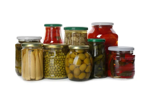 Frascos Vidrio Con Diferentes Verduras Vinagre Champiñones Sobre Fondo Blanco —  Fotos de Stock