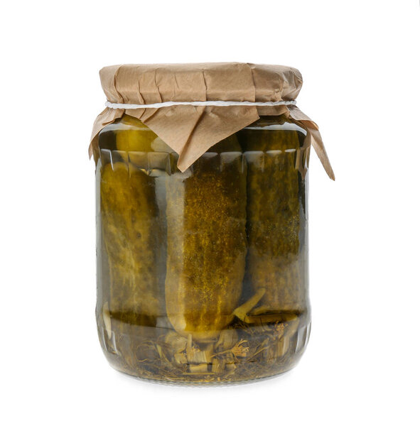 Jar of pickled cucumbers isolated on white