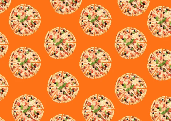 Turuncu Arka Planda Deniz Ürünleri Pizza Deseni Tasarımı — Stok fotoğraf