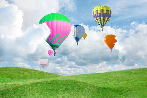 Fantastic Dreams Hot Air Balloons Sky Fluffy Clouds Green Meadow — Stock Photo, Image