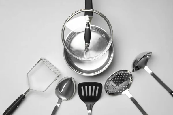 Set Modern Cooking Utensils Light Grey Background Flat Lay — Stock Photo, Image