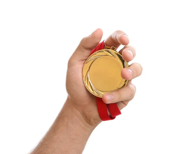 Homem Segurando Medalha Ouro Fundo Branco Close Espaço Para Design — Fotografia de Stock