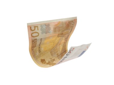 Beyaz arka planda uçuşan 50 Euro banknot