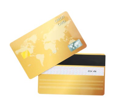 Beyaz arkaplanda altın plastik kredi kartları