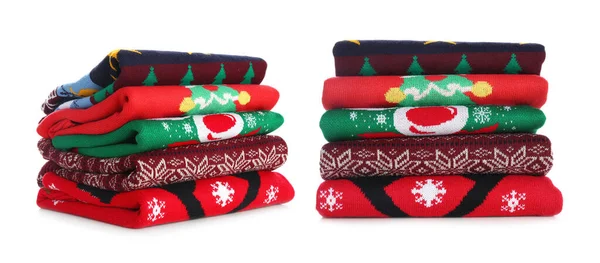 Collage Stacked Folded Christmas Sweaters White Background Banner Design — Stock Photo, Image