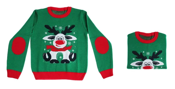 Colagem Com Suéter Natal Verde Fundo Branco — Fotografia de Stock