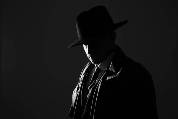 Detective Vecchio Stile Cappello Sfondo Scuro Effetto Bianco Nero Spazio — Foto Stock