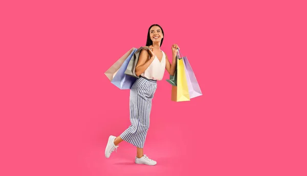 Beautiful Young Woman Paper Shopping Bags Pink Background — Stock Photo, Image