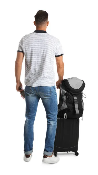 Mann Mit Koffer Und Rucksack Für Die Urlaubsreise Auf Weißem — Stockfoto